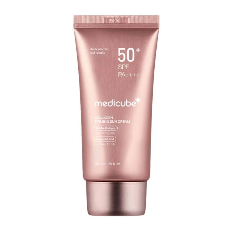 کرم ضد آفتاب بدون رنگ دست و صورت مدیکیوب SPF50 مدل Collagen محافظ UVA/UVB مناسب انواع پوست حجم 50 میلی‌لیتر