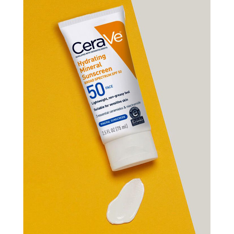 لوسیون ضد آفتاب بدون رنگ سراوی SPF50 مدل Hydrating Mineral مناسب انواع پوست حجم 75 میلی‌لیتر
