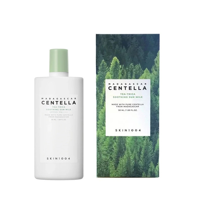 کرم ضد آفتاب بدون رنگ سنتلا اسکین 1004 SPF 50+ PA++++ مدل Madagascar Centella Tea-Trica Soothing Sun Milk مناسب انواع پوست حجم 50 میلی‌لیتر