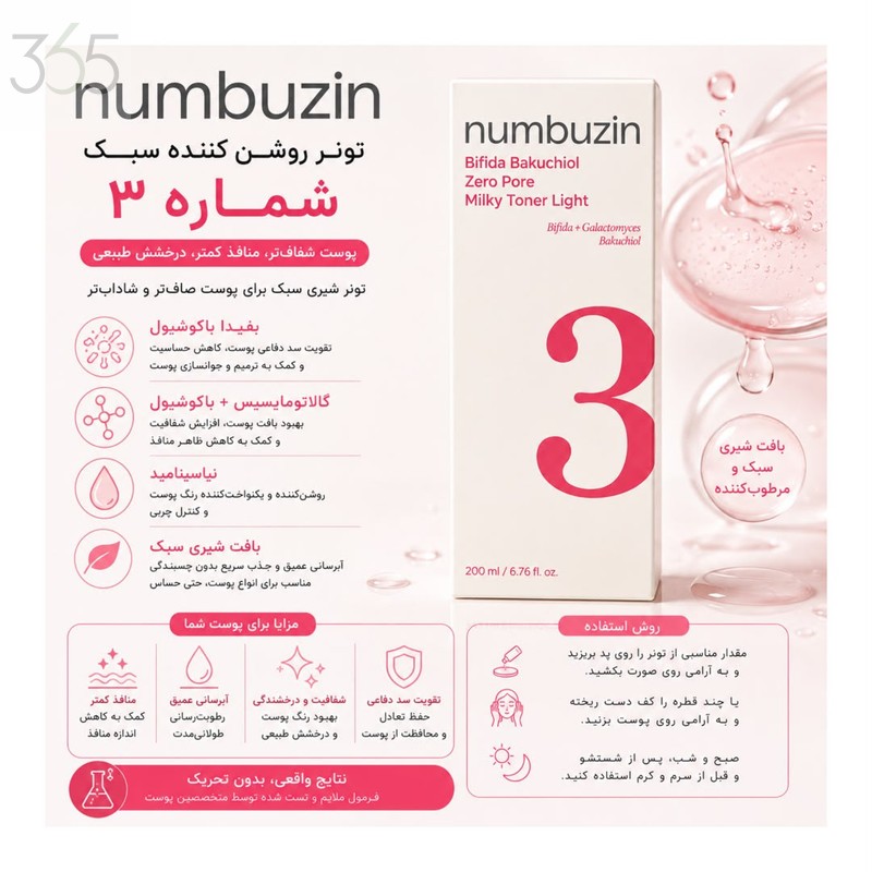 تونر پاک‌کننده صورت نومبوزین مدل Zero Pore +3 مناسب پوست نرمال و چرب حجم 200 میلی‌لیتر